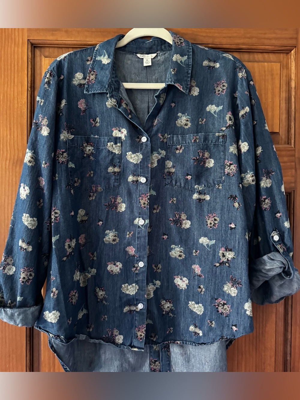 Cato Denim Button Up Shirt Women’s XL Blue Floral Long Sleeve Cottagecore Granny